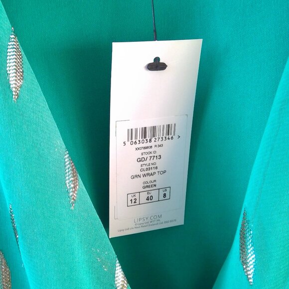 NWT Lipsy Green Wrap Top with Gold and Silver Lurex Pattern UK Size 12 US Size 8 - Picture 5 of 10